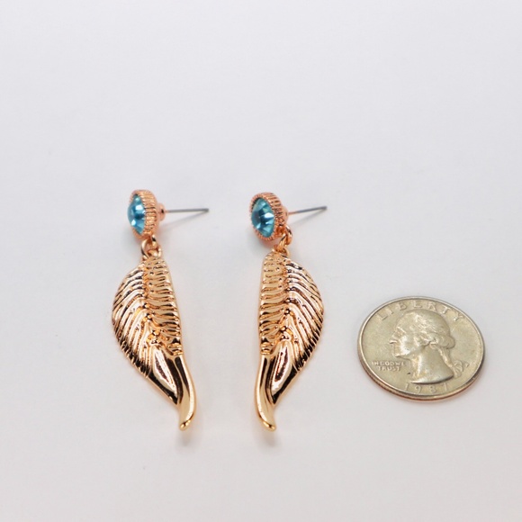 Rose Gold Angel Wings Feathers Turquoise Blue Crystal Dangle Drop Earrings - Picture 3 of 3
